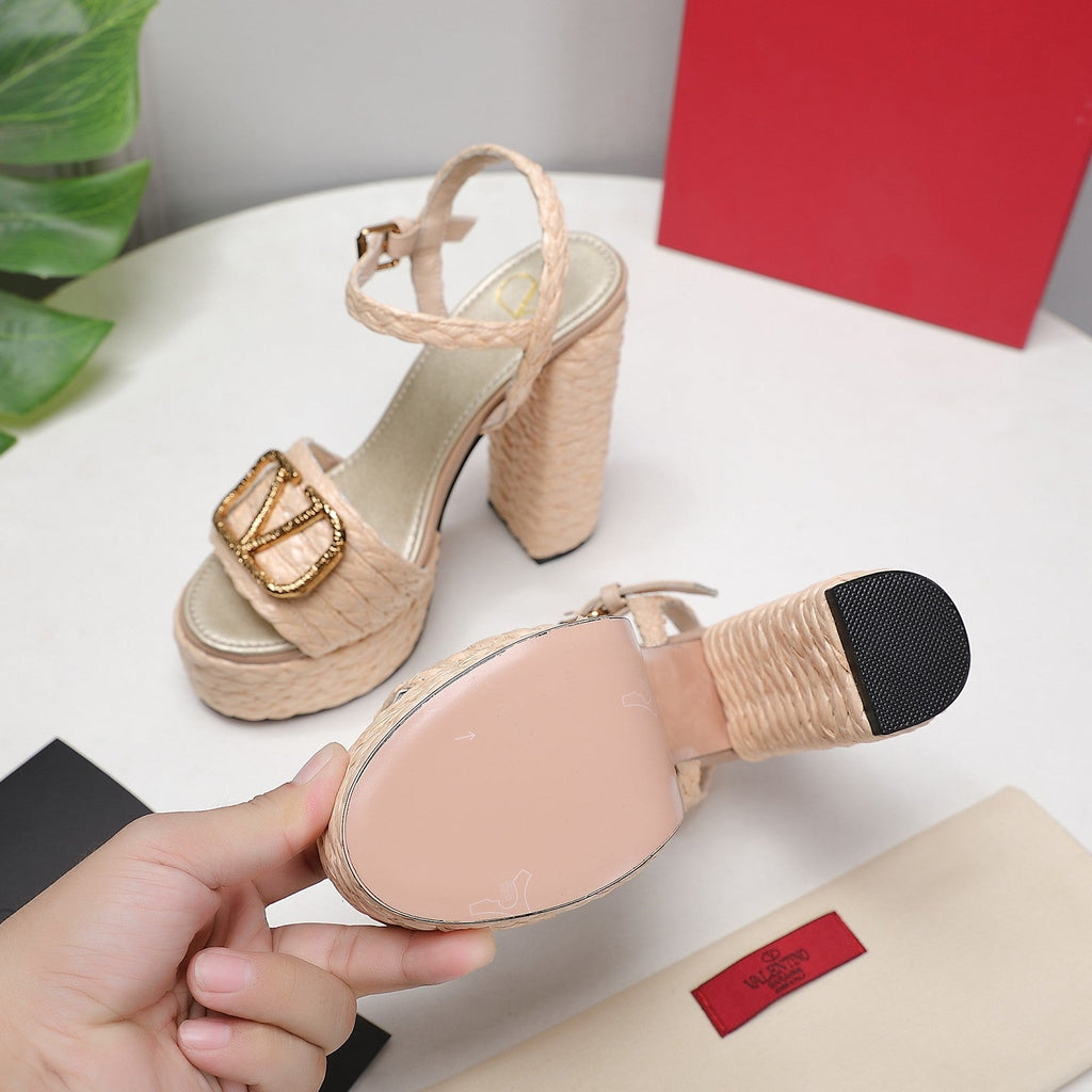 VLTN ESPADRILLE WEDGE SANDALS 25S 130 MM IN BEIGE RAFFIA WITH GOLD HARDWARE