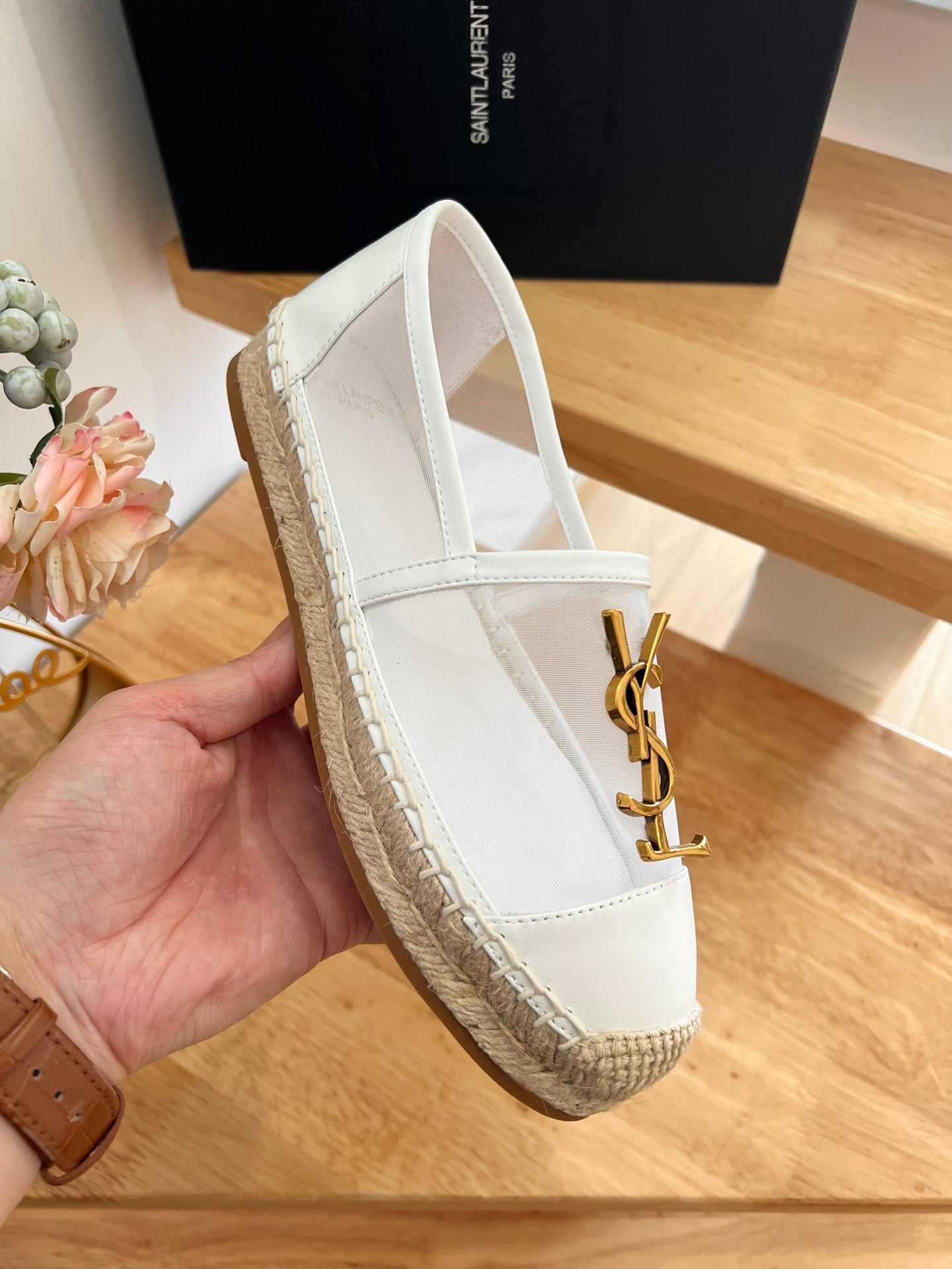 SL YVES LOGO SLIP ON WHITE CALFSKIN AND MESH