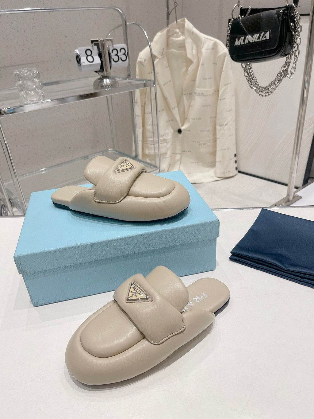 PRADA SOFT PADDED NAPPA SHEARLING MULES BEIGE LAMBSKIN