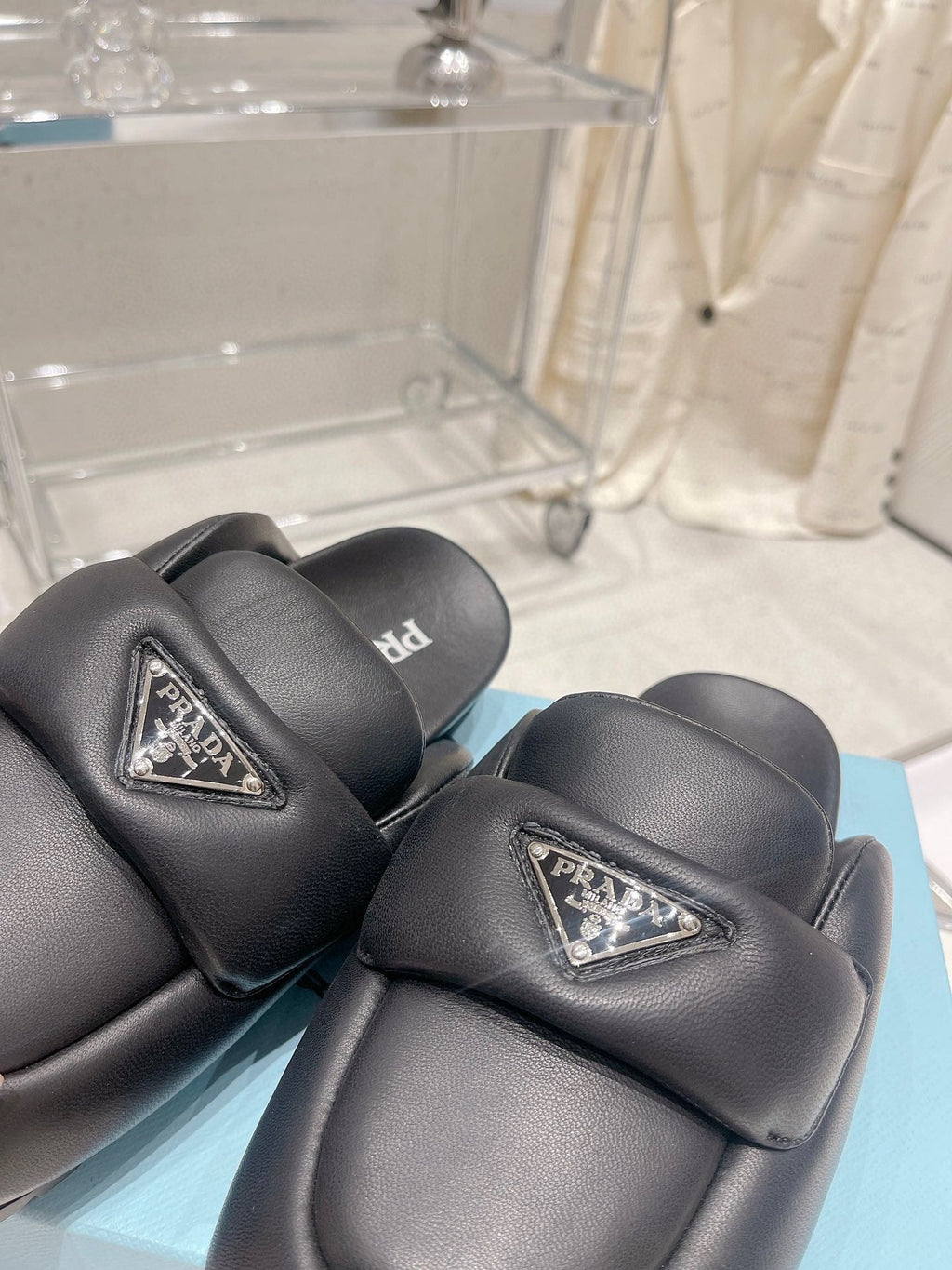 PRADA SOFT PADDED NAPPA SHEARLING MULES BLACK LAMBSKIN