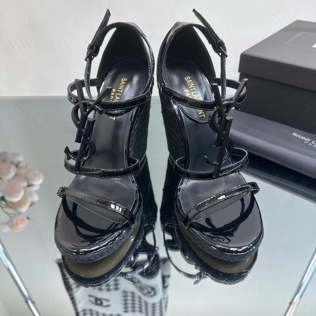 SL CASSANDRA WEDGE ESPADRILLES BLACK POLISHED CALFSKIN