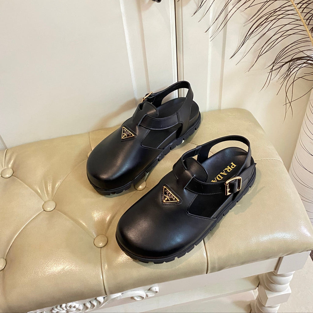PRADA RUBBER SOLE SANLS IN BLACK SMOOTH LAMBSKIN