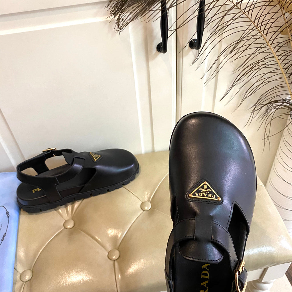PRADA RUBBER SOLE SANLS IN BLACK SMOOTH LAMBSKIN