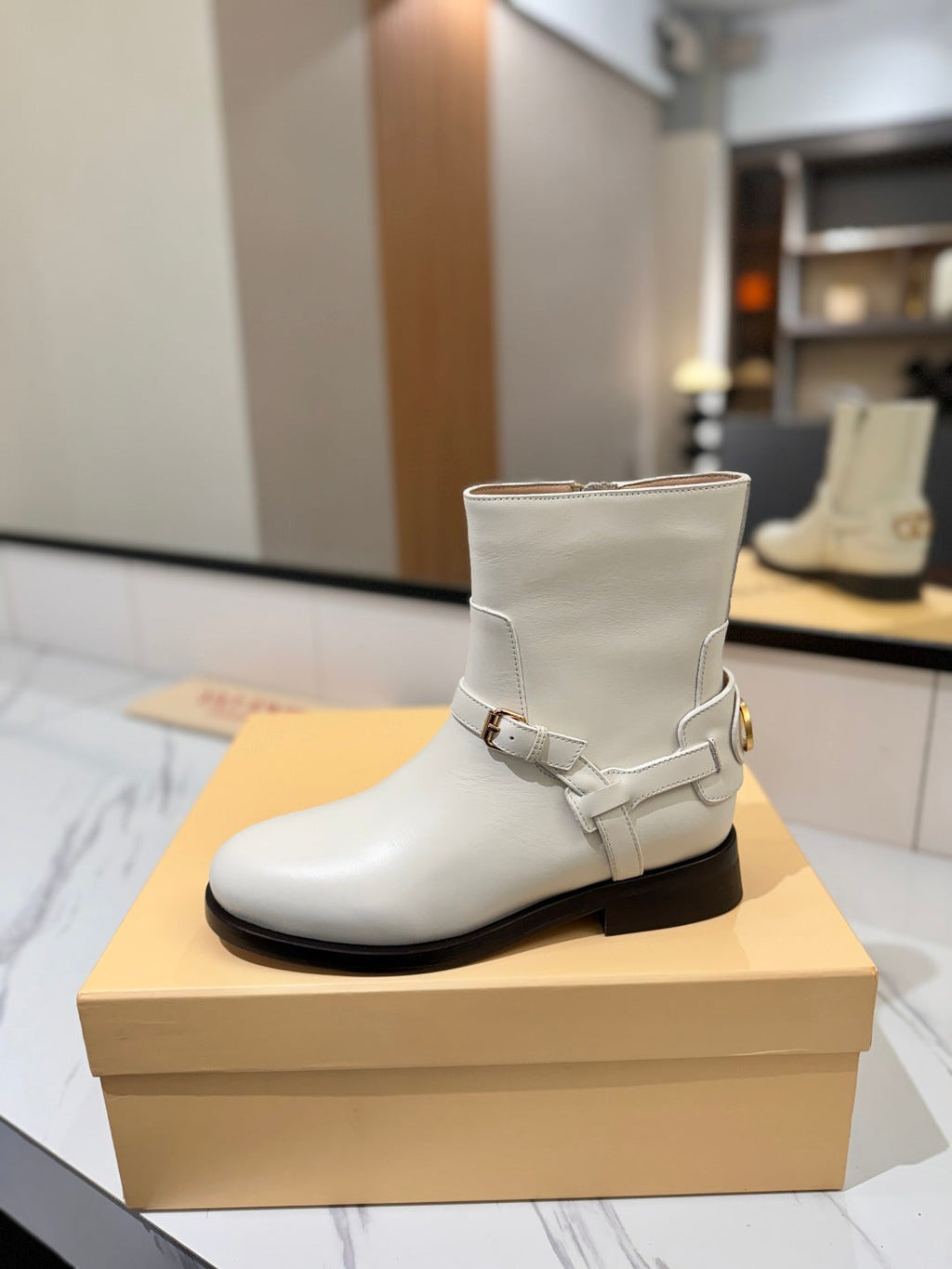 VALENTINO 25S PATTIE ANKLE BOOTS IN WHITE CALFSKIN WITH GOLD HARDWARE
