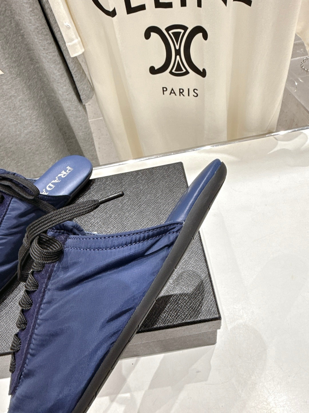 PRADA 25S MULES IN RK BLUE WITH METAL TOECAP