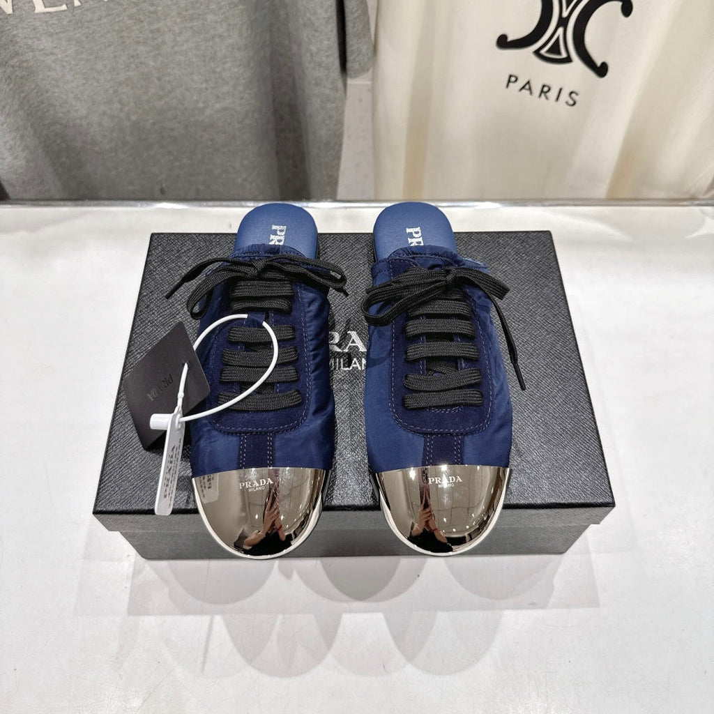 PRADA 25S MULES IN RK BLUE WITH METAL TOECAP