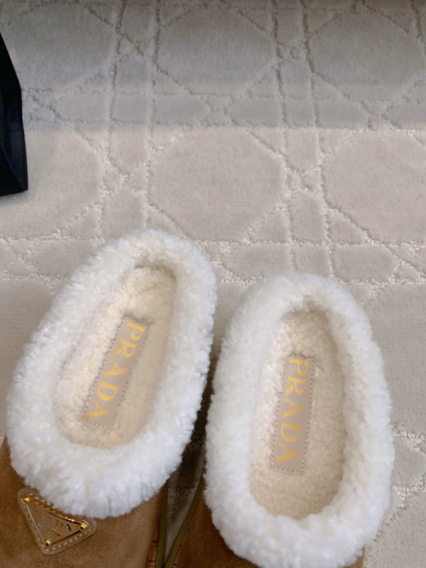 PRADA MULES SHEARLING LINING IN TAN SUEDE