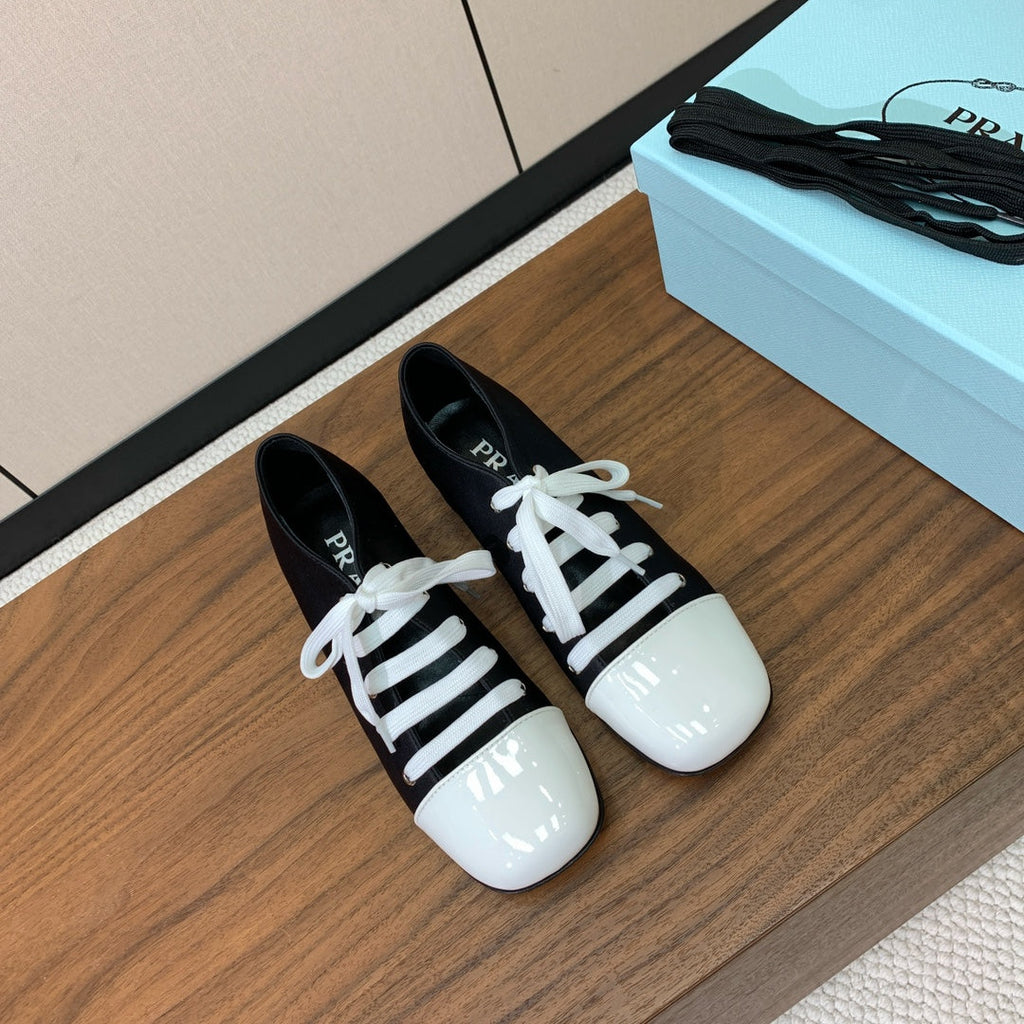 PRADA LACE-UP HIGH SHOES IN BLACK SILK MIX WHITE GLOSSY CALFSKIN