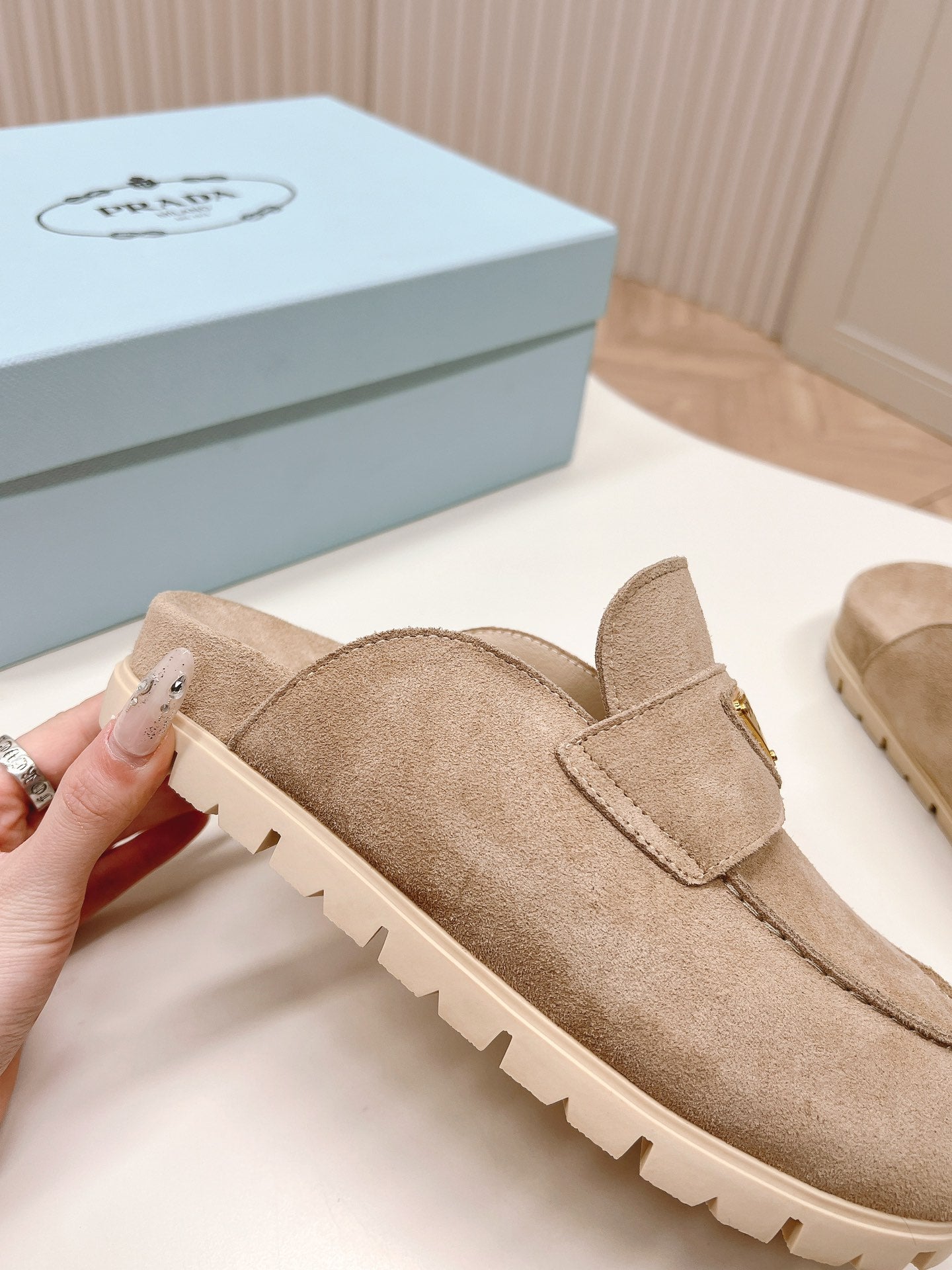 PRADA SABOTS MULES LIGHT BROWN SUEDE