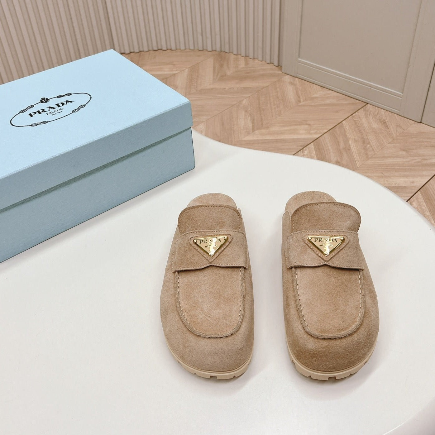 PRADA SABOTS MULES LIGHT BROWN SUEDE