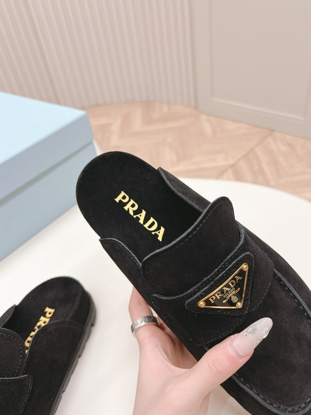 PRADA SABOTS MULES BLACK SUEDE