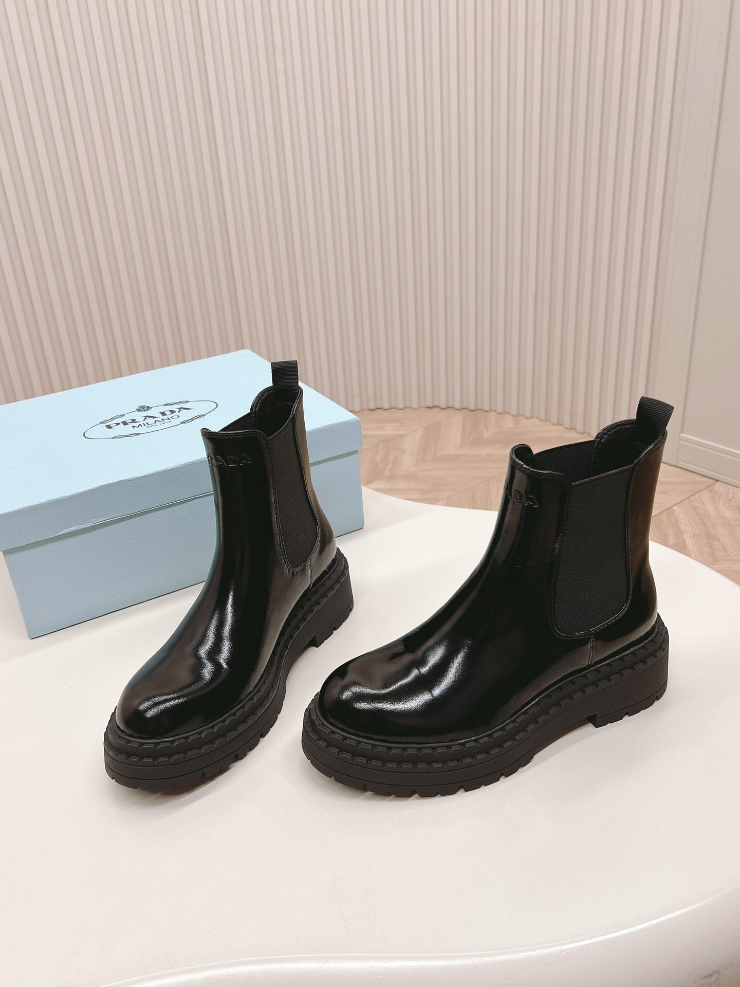 PRADA BRUSHED BOOTIES GLOSSY BLACK CALFSKIN