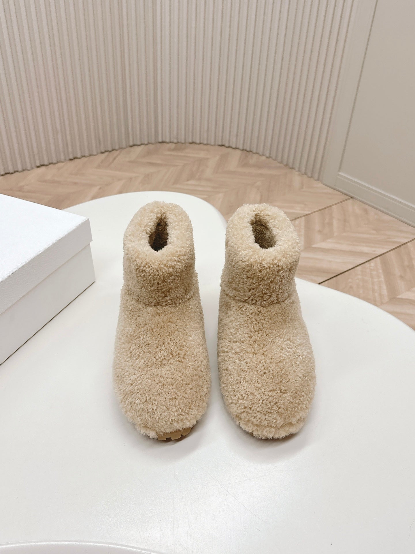 PRADA SNOW ANKLE BOOTS IN BEIGE SHEARLING