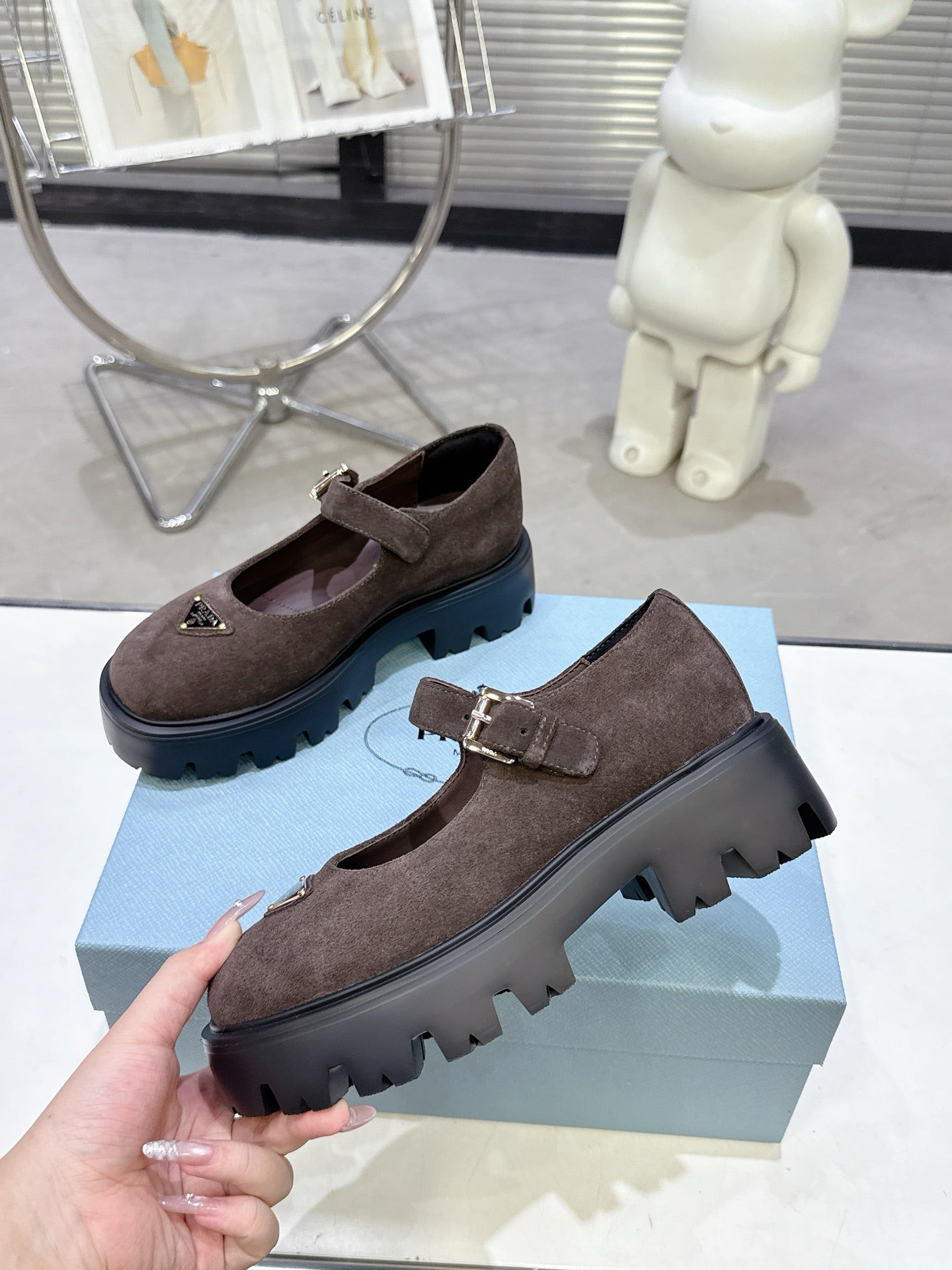 PRADA 25S PLATFORM MARY JANE SHOES IN RK BROWN SUEDE STYLE 3