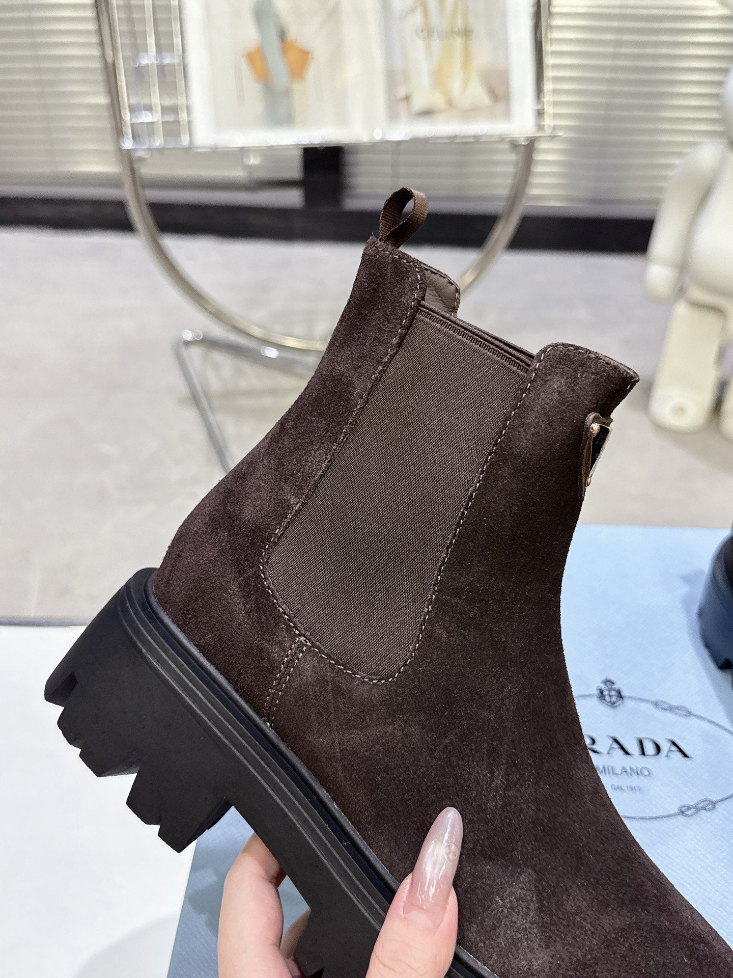 PRADA 25S RETRO PLATFORM MARTIN ANKLE BOOTS IN RK BROWN SUEDE