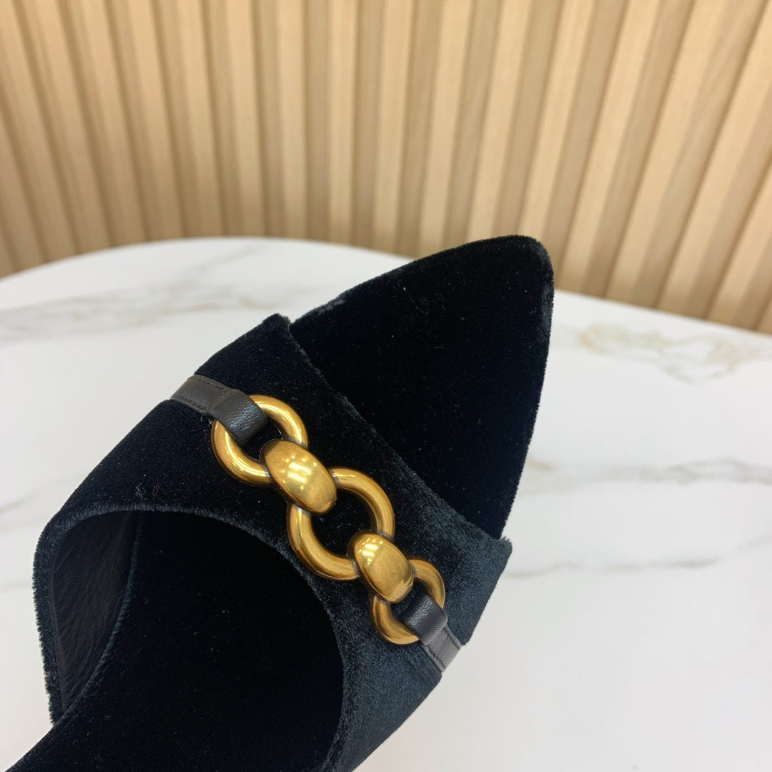 SL CHAIN ATTACH HEELED MULES BLACK VELVET