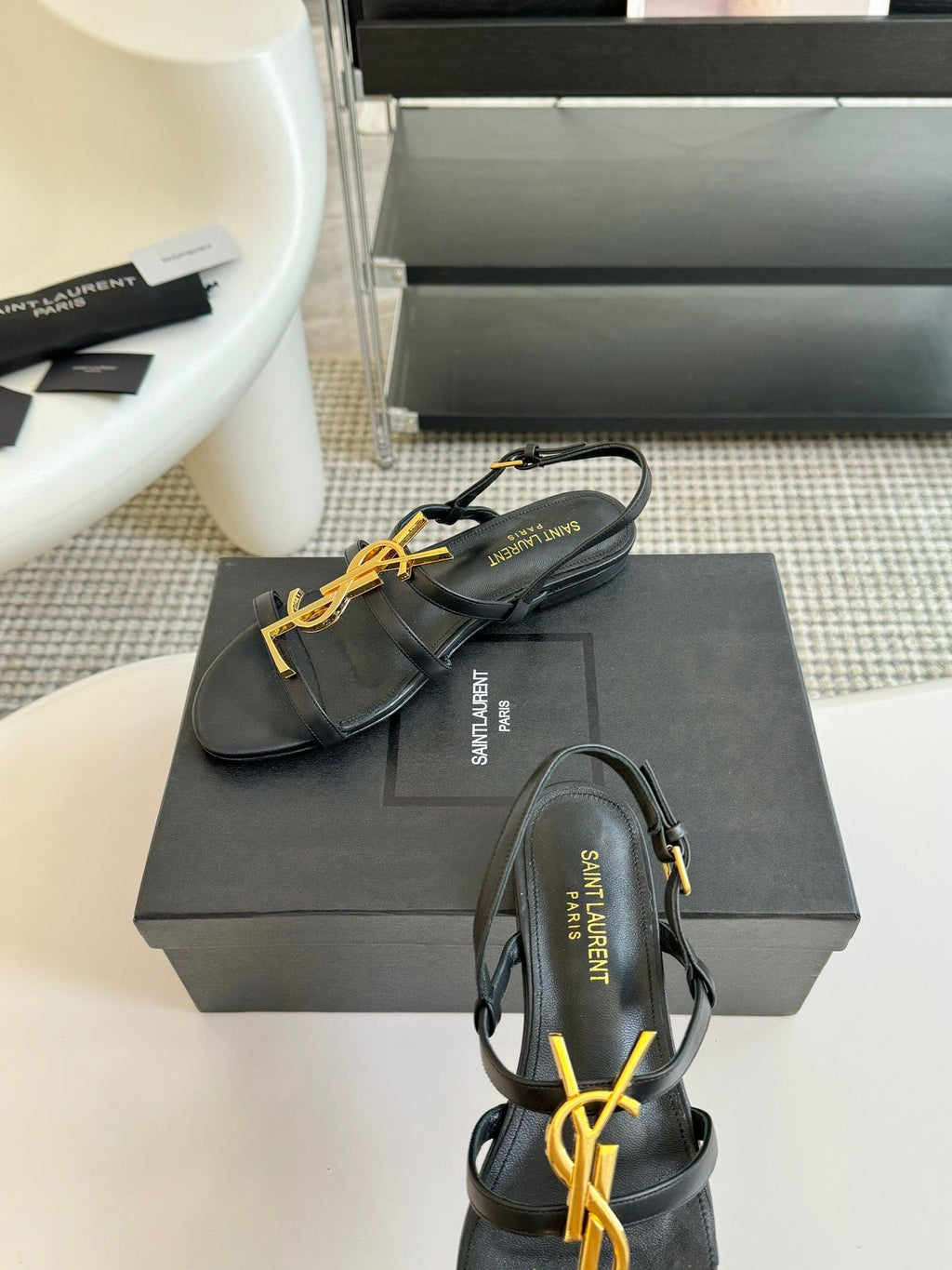 Yves SL Buckle Women Sandals Black Leather