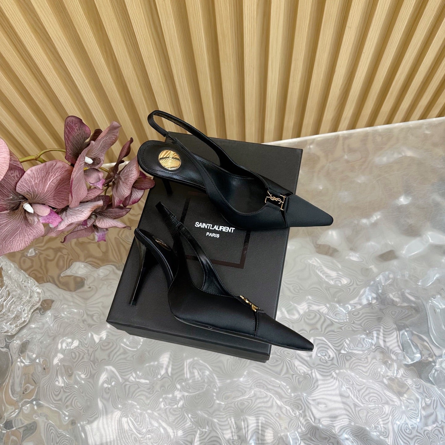 BABYLONE SLINGBACK PUMPS IN BLACK SILK
