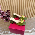 VALENTINO 25S HIGH-HEEL MULES 60 MM IN MOSS GREEN VELVET AND CALFSKIN WITH GOLD HARDWARE