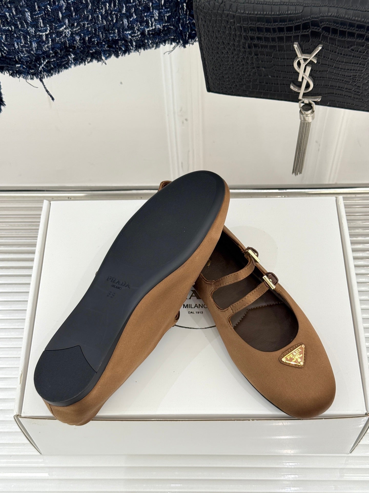 PRADA 25S DOUBLE STRAP BALLERINAS IN RK BROWN SATIN