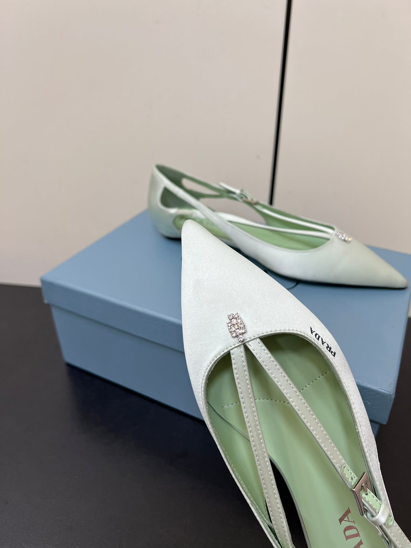 PRADA CUT-OUT BALLERINA FLAT IN CHETWODE GREEN SATIN ATTACHED BEAD BUCKLE