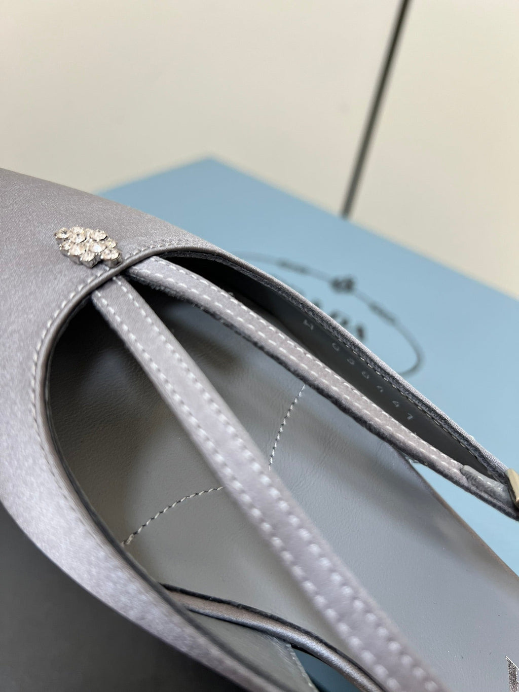 PRADA CUT-OUT BALLERINA FLAT IN WARM GRAY SATIN ATTACHED BEAD BUCKLE