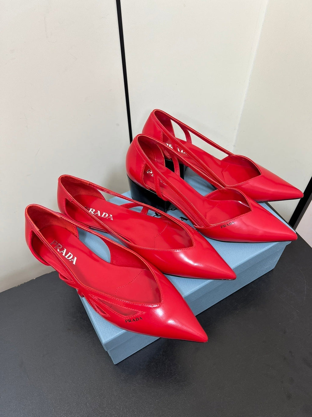 PRADA BRUSHED CUT-OUT BALLERINA FLAT IN RED CALFSKIN
