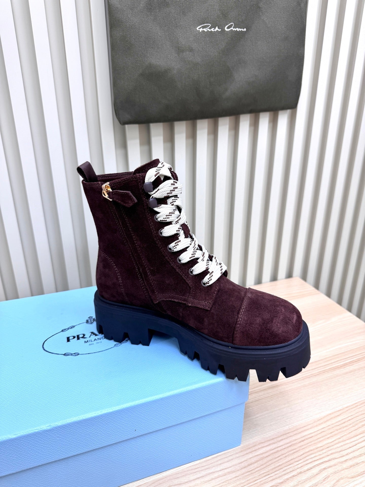 PRADA 25S MONOLITH BOOTS IN RK PLUM BROWN SUEDE