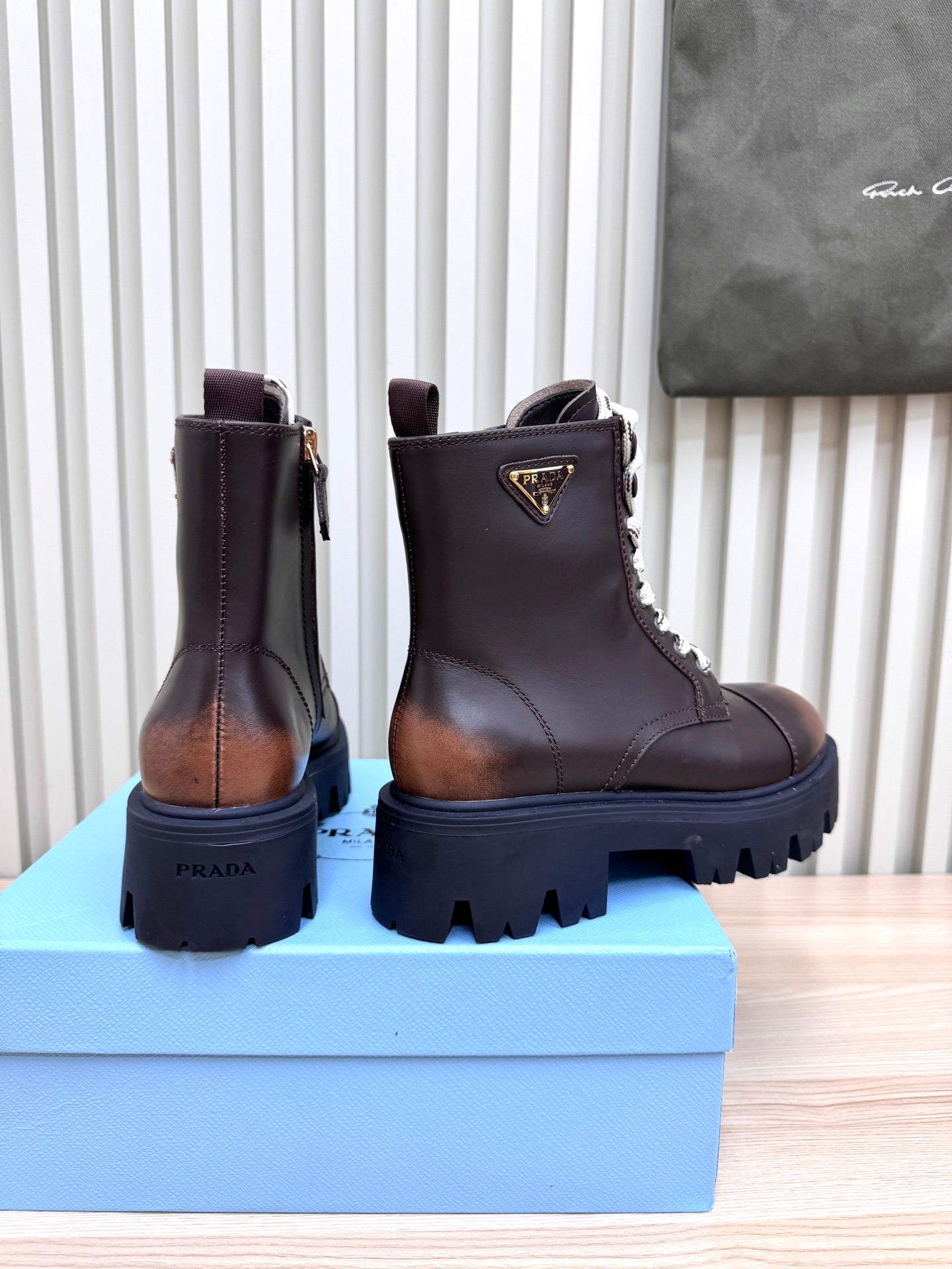 PRADA 25S MONOLITH BOOTS IN RK BROWN CALFSKIN