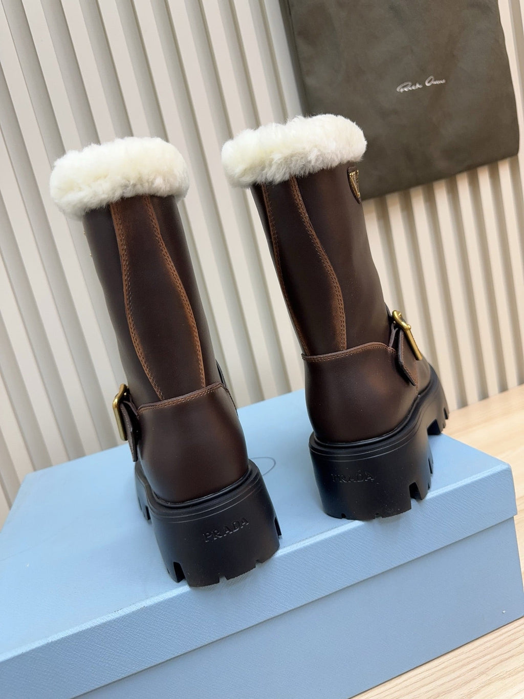 PRADA 25S MARTIN BOOTS IN RK BROWN CALFSKIN FUR-LINED