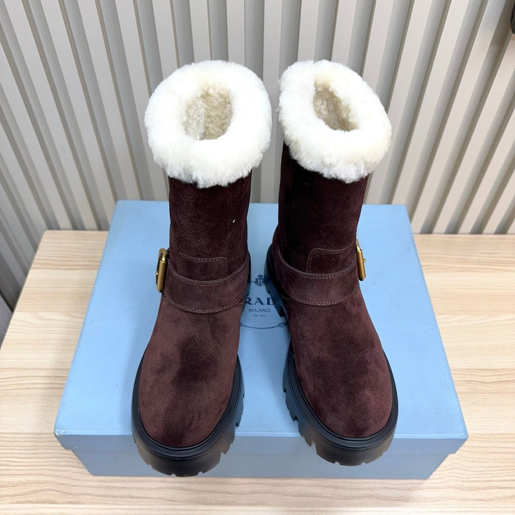 PRADA 25S MARTIN BOOTS IN RK BURGUNDY BROWN SUEDE FUR-LINED