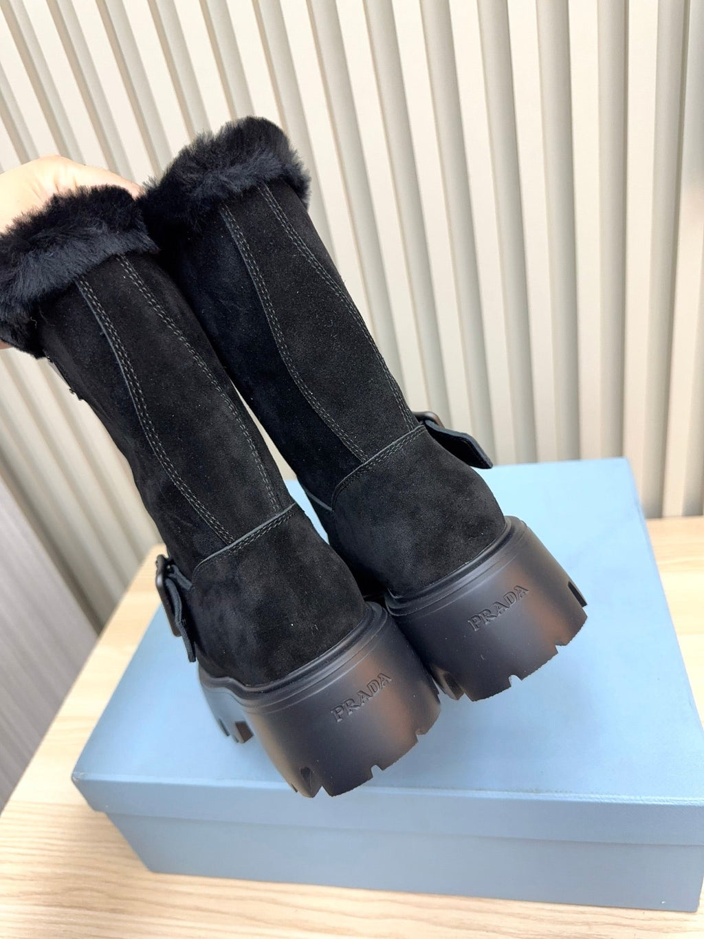 PRADA 25S MARTIN BOOTS IN RK NAVY BLUE SUEDE FUR-LINED