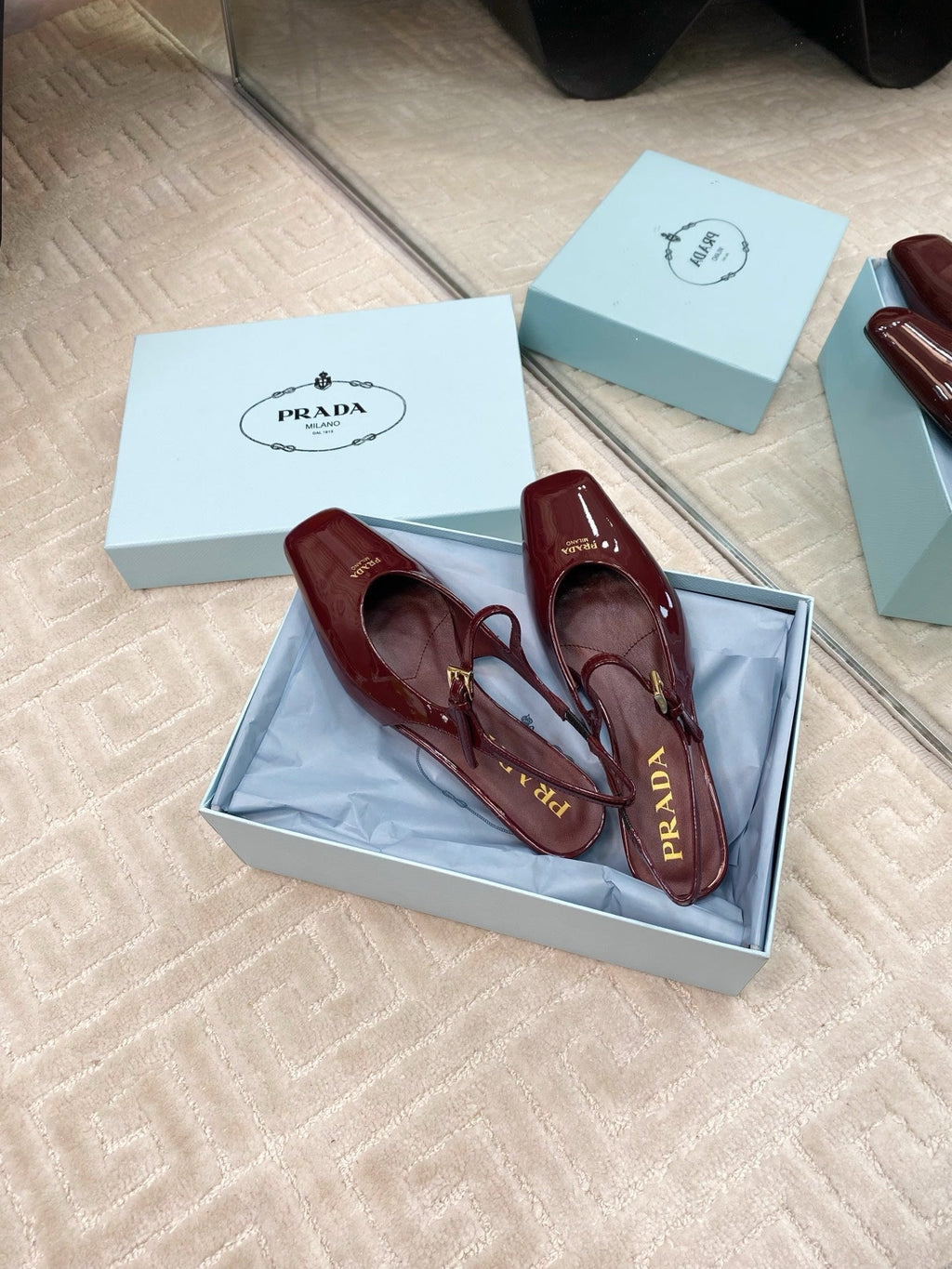 PRADA MARY JANE SLINGBACK SQUARE TOE IN BURGUNDY RED PATENT SHEEPSKIN