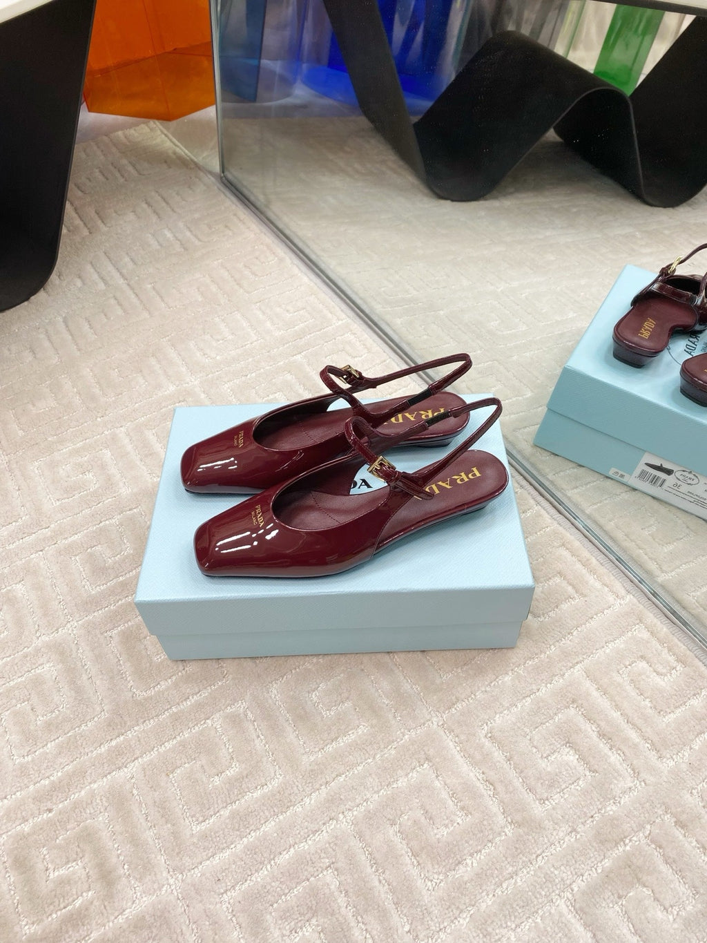 PRADA MARY JANE SLINGBACK SQUARE TOE IN BURGUNDY RED PATENT SHEEPSKIN