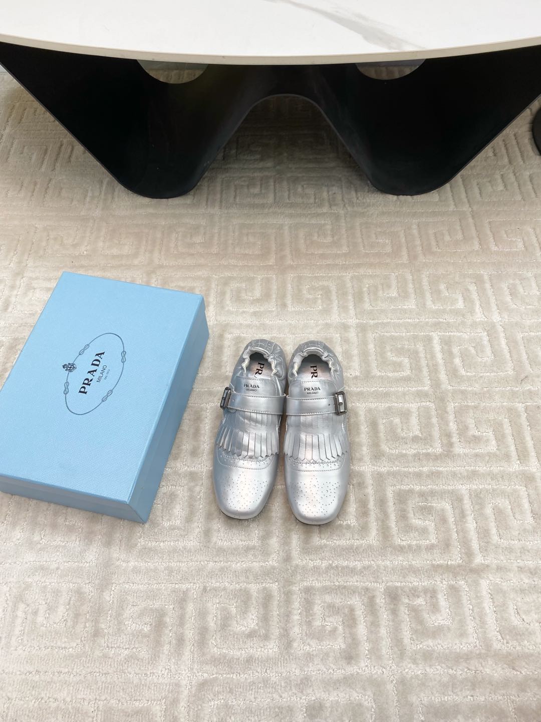 PRADA TASSEL LOAFERS IN SILVER METALLIC LAMBSKIN