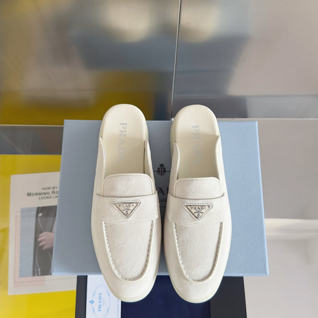 PRADA Pra White Suede Leather Mule 25mm Rubber Sole