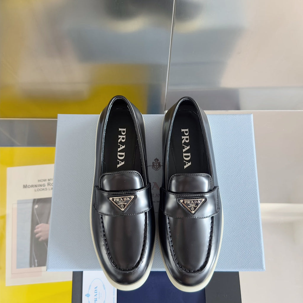 PRADA Pra Black Leather Loafers 25mm Rubber Sole