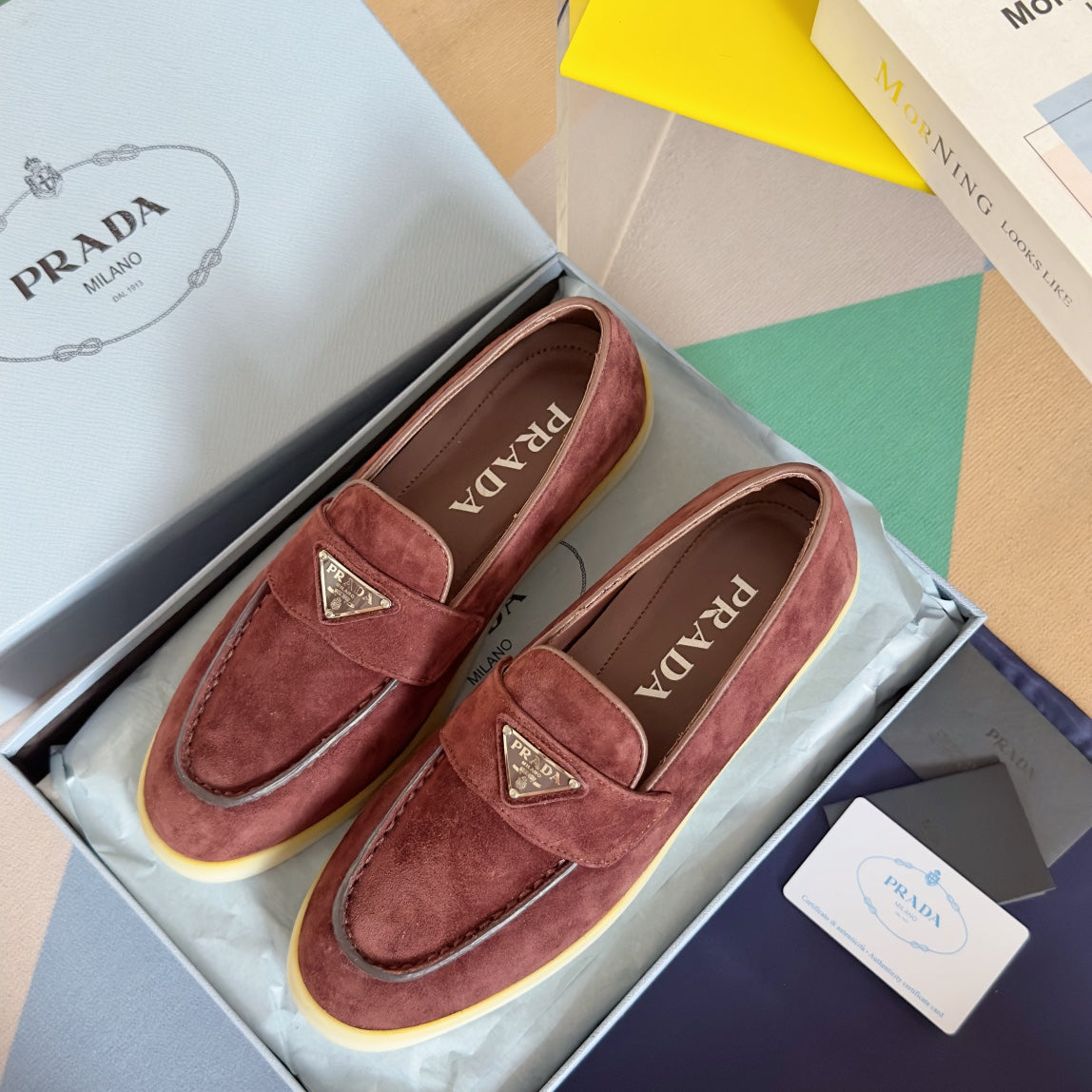 PRADA Pra Wine Suede Leather Loafers 25mm Rubber Sole