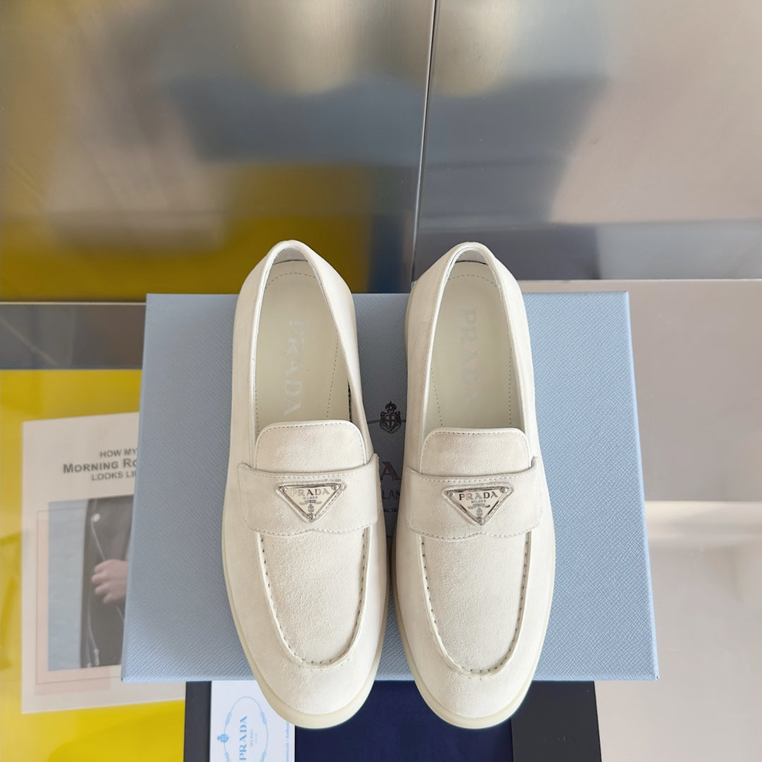 PRADA Pra White Suede Leather Loafers 25mm Rubber Sole