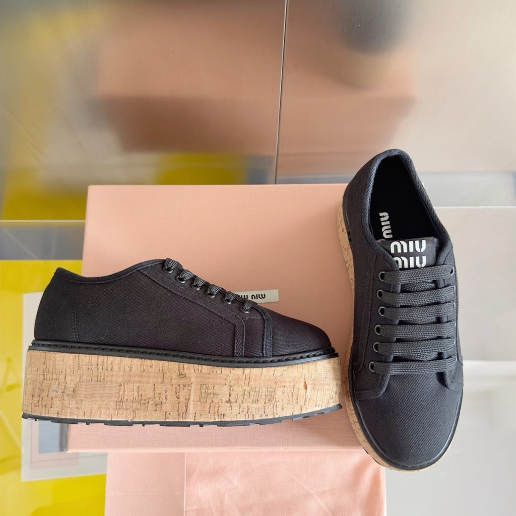 Lace - up Platform Shoes Black Canvas