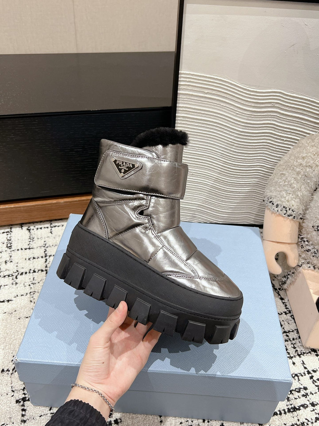 PRADA MONOLITH ANKLE BOOTS WITH STRAP IN METALLIC GRAY CALFSKIN AND FLEECE LINING