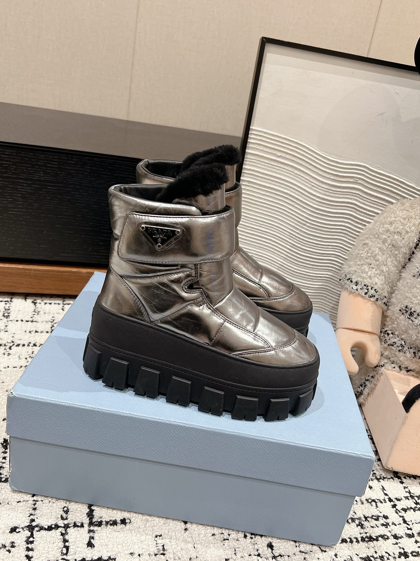 PRADA MONOLITH ANKLE BOOTS WITH STRAP IN METALLIC GRAY CALFSKIN AND FLEECE LINING