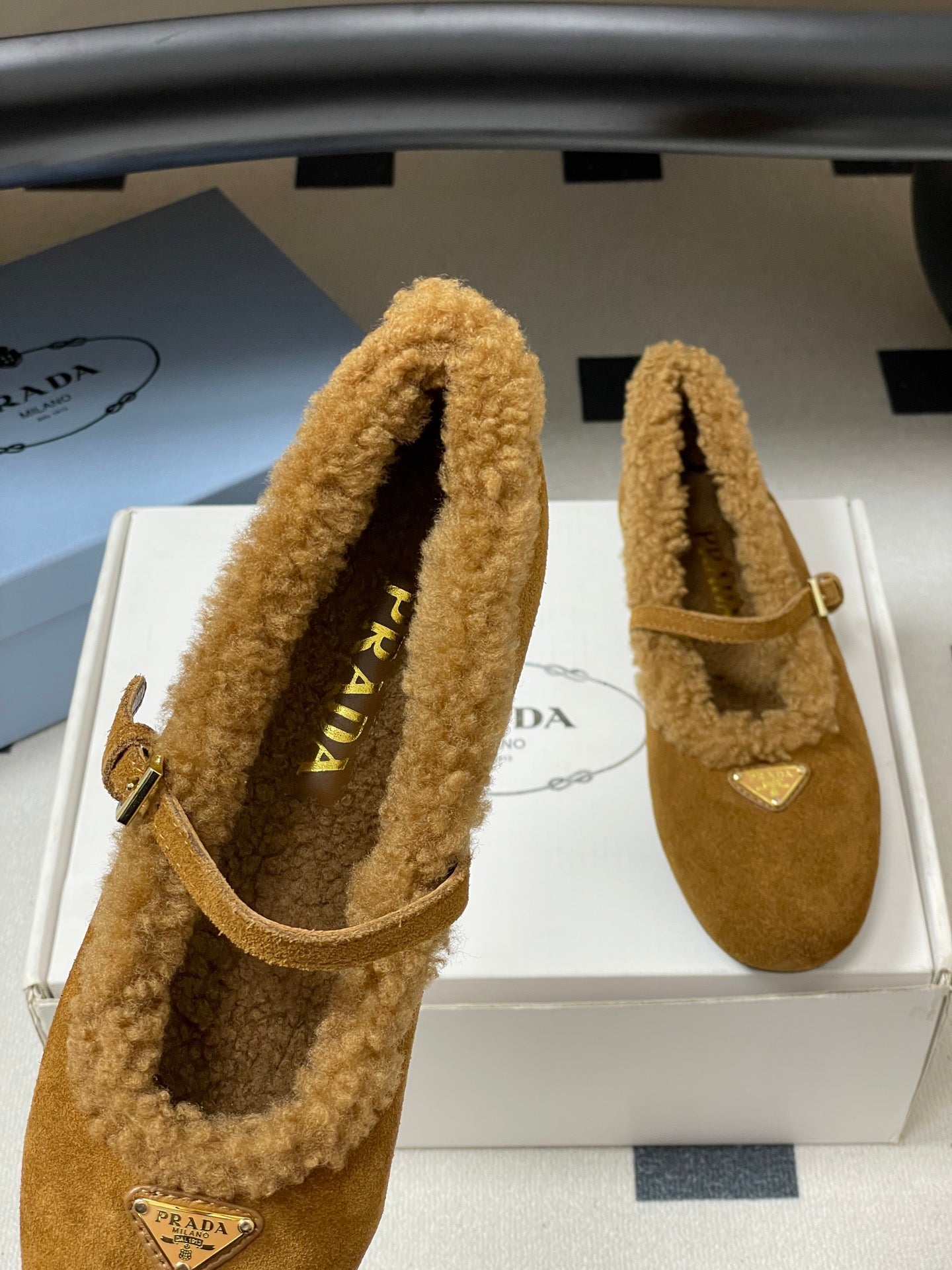 PRADA 25S MARY JANE FLATS IN RK WALNUT BROWN SUEDE WITH GOLD HARDWARE