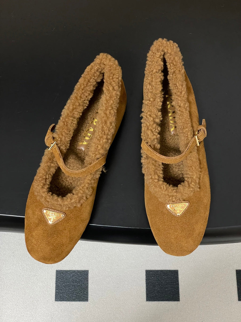 PRADA 25S MARY JANE FLATS IN RK WALNUT BROWN SUEDE WITH GOLD HARDWARE