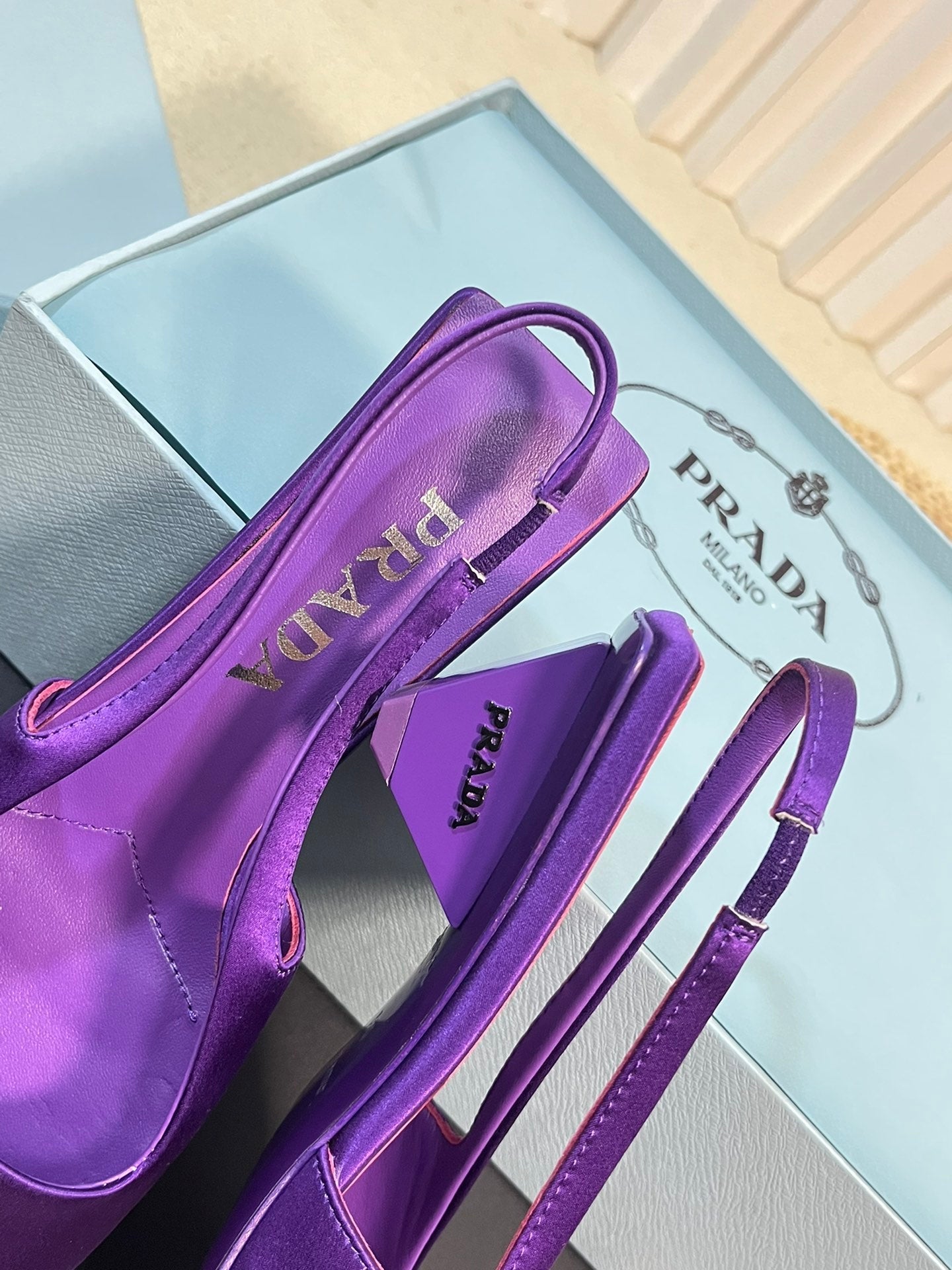 PRADA SQUARE TOE SLINGBACK PUMPS VIOLET SATIN