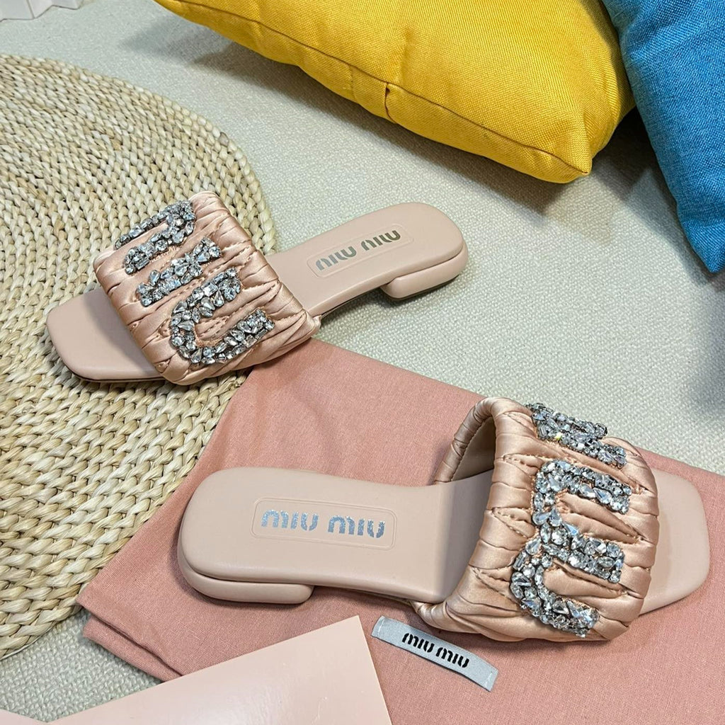Women's Pastel Pink Leather Diamond Slippers