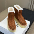 PRADA 25S PLATFORM ANKLE BOOTS 40 MM IN RK BROWN SUEDE SHEARLING-LINED