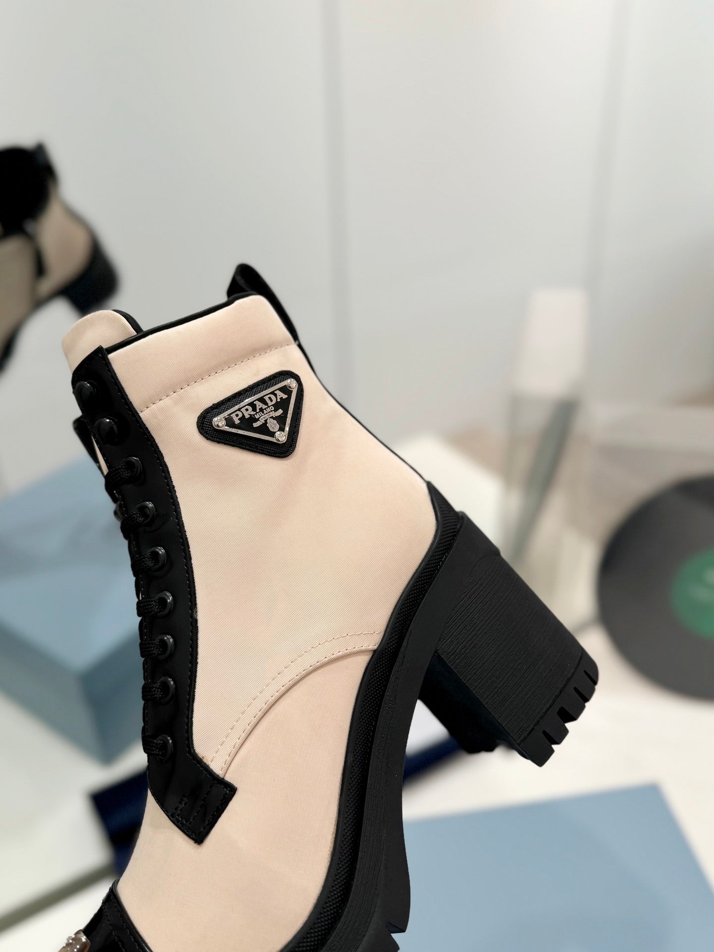 PRADA BRUSHED LEATHER AND RE-NYLON LACED BOOTIES PASTEL PINK