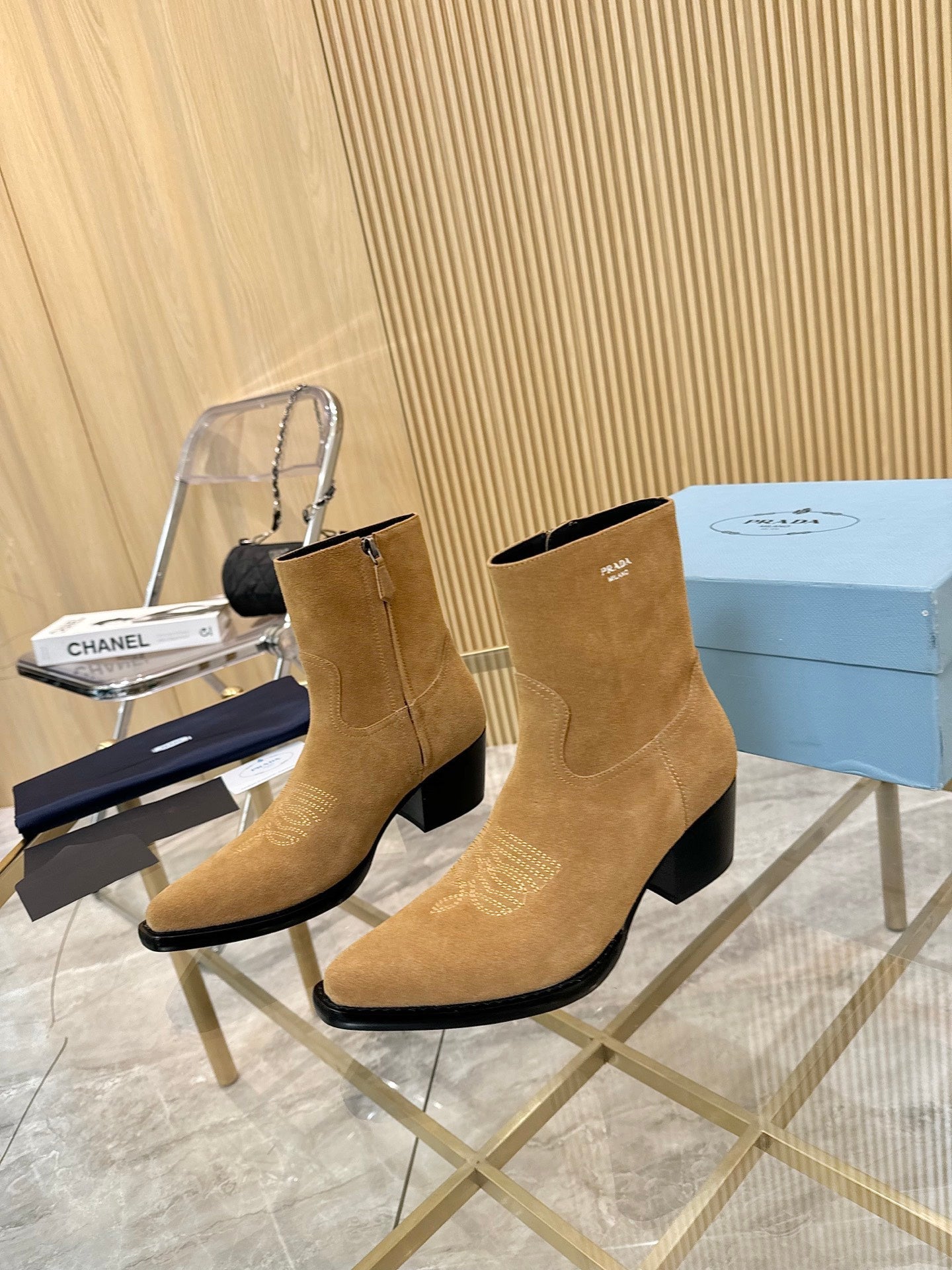 PRADA ANKLE BOOTS IN TAN BROWN SUEDE