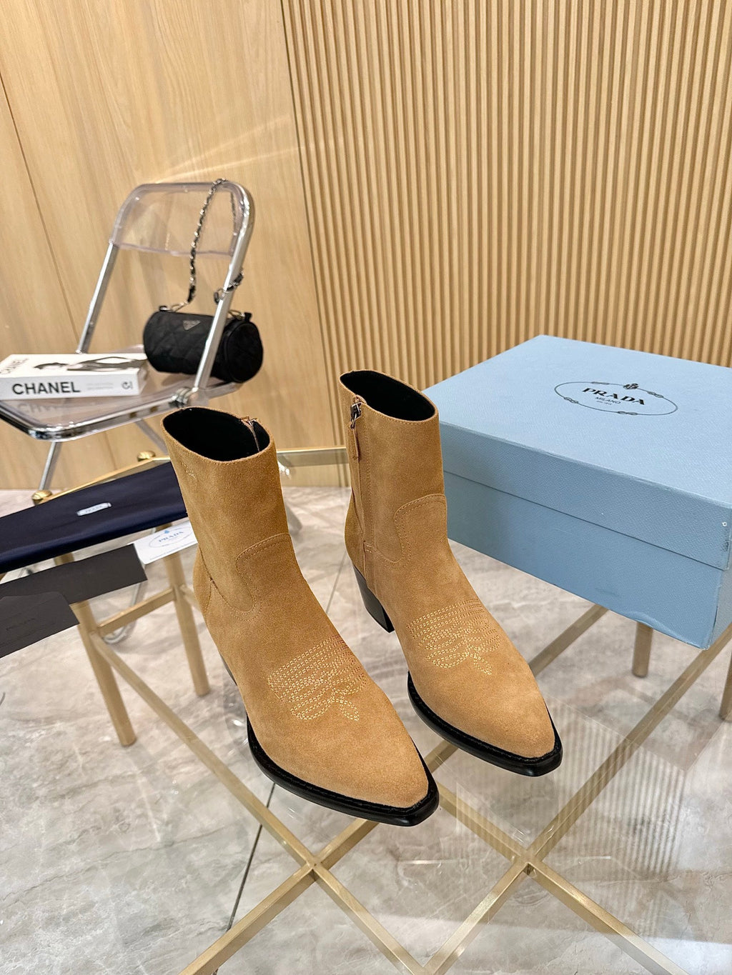 PRADA ANKLE BOOTS IN TAN BROWN SUEDE